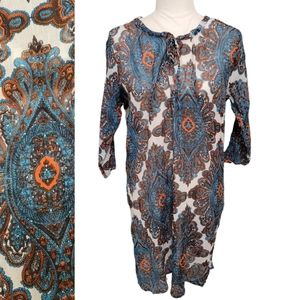 VINTAGE INDIA COTTON SHIFT DRESS 3/4 SLEEVES PAISLEY PRINT M/L